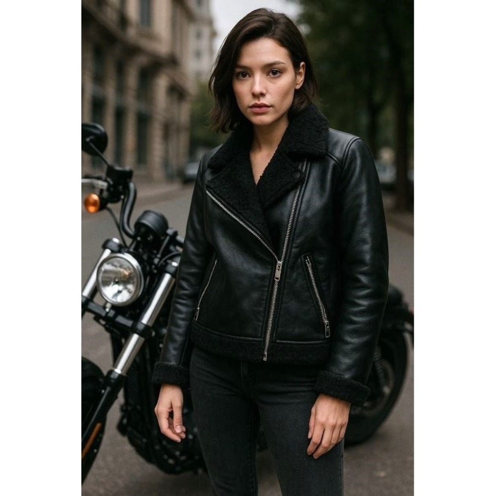 Goldie Faux Leather Moto Biker Sherpa Aviator Jacket Women Medium Grunge Edgy